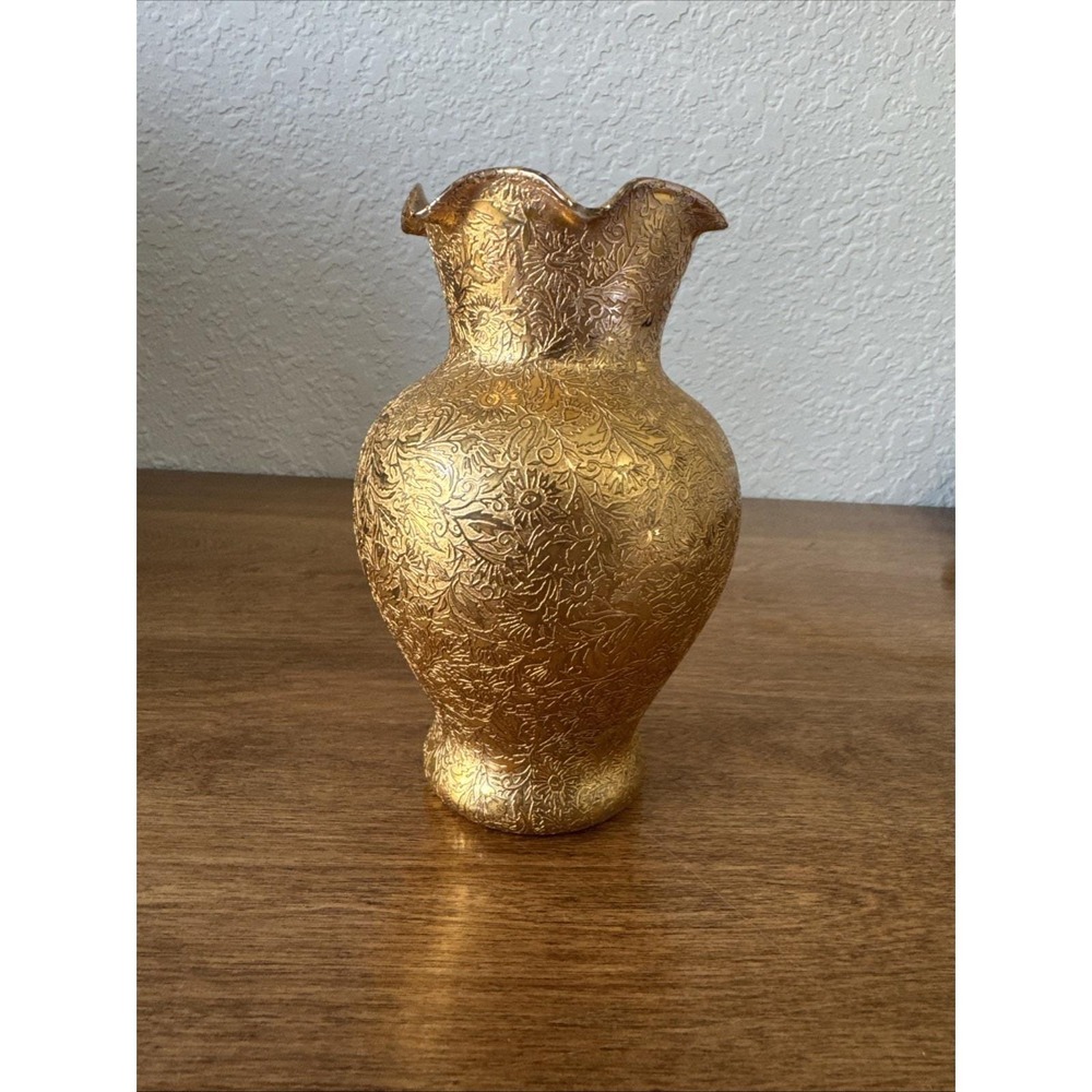 Vintage Gold Embossed Glass Vase Ruffled Rim Floral Paisley Decorative Decor